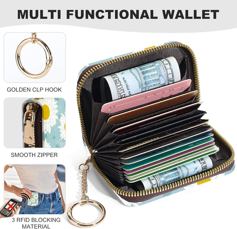 Luoycxy Credit Card Holder for Women,Small Rfid Wallet with Keychain Zipper,Cute PU Leather Card Case Wallet，Accordion Credit Card Wallets Gift,White Flowers - Image 2